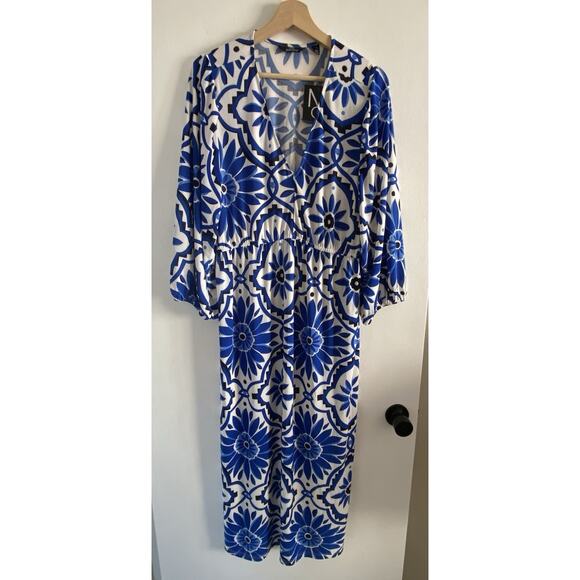 Women’s Mlle Gabrielle Blue Floral Midi Dress Plus Size 1X Bubble Sleeves NWT - Picture 3 of 7